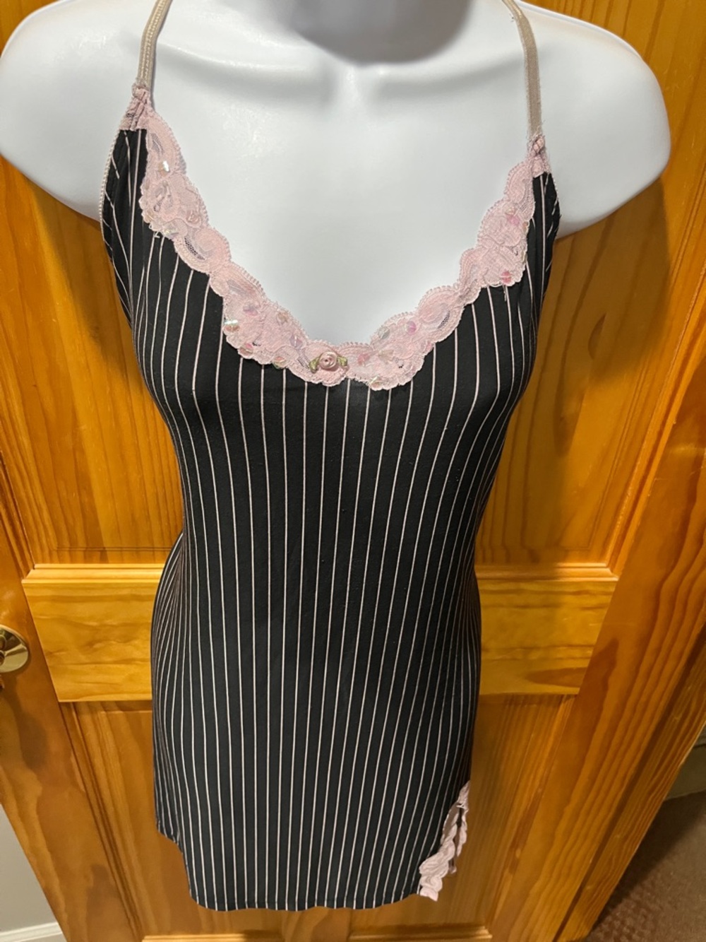 California Dynasty Black Pinstripe Sleepwear with Pink Lace Trim - Picture 3 of 9